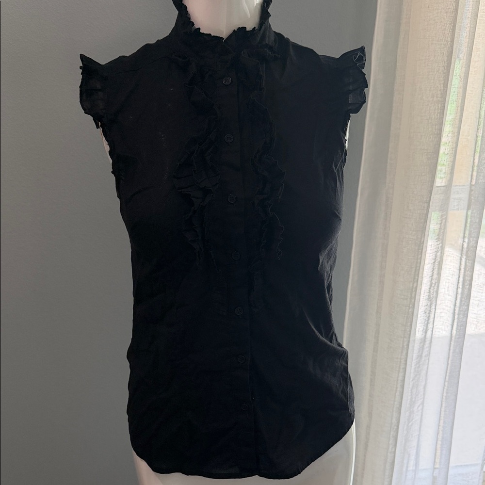 100% Cotton Black Elegant Ruffled Cap Sleeveless Button-Up Blouse Size Small